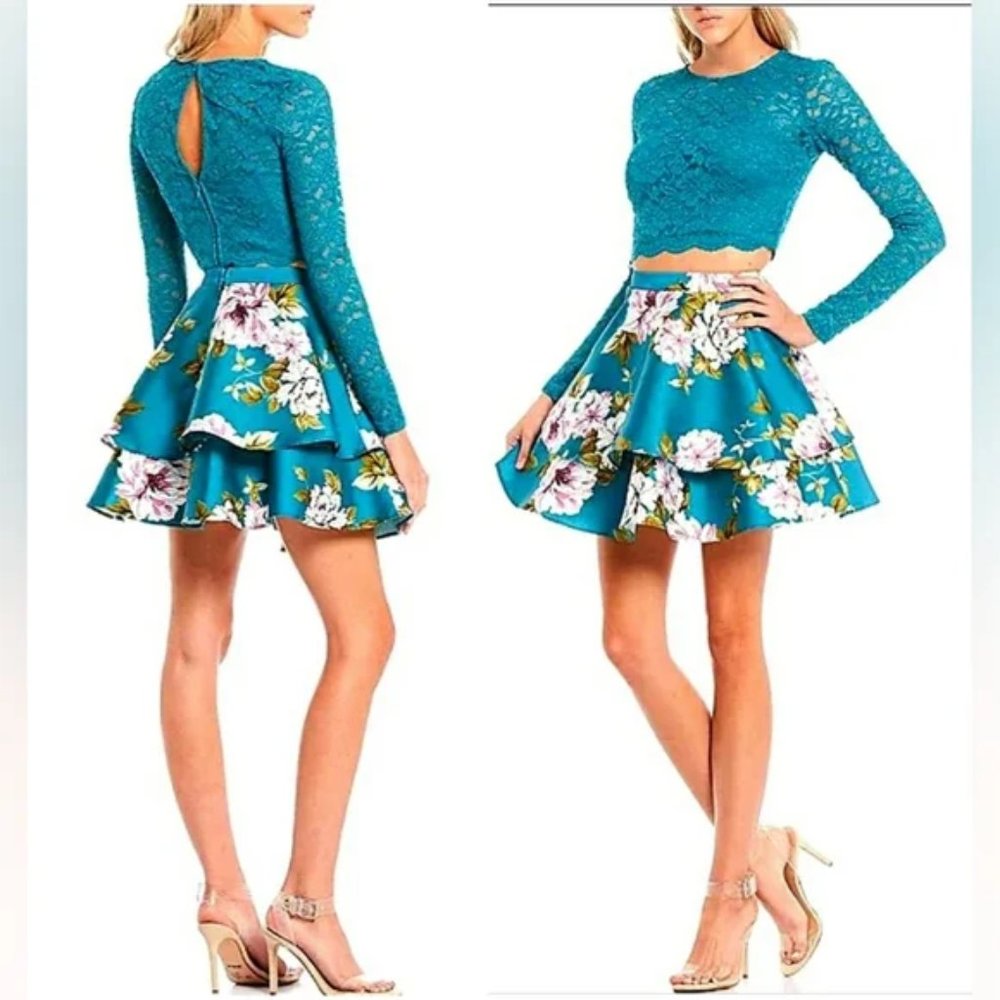 Prom Formal Skirt Set Tiered Floral Mini Skirt Cropped Lace Top Teal Size 3